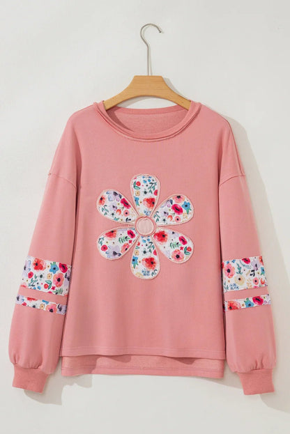 Peach Blossom Flower Applique Patchwork Drop Sleeve Pullover Sweatshirt - minbolu -