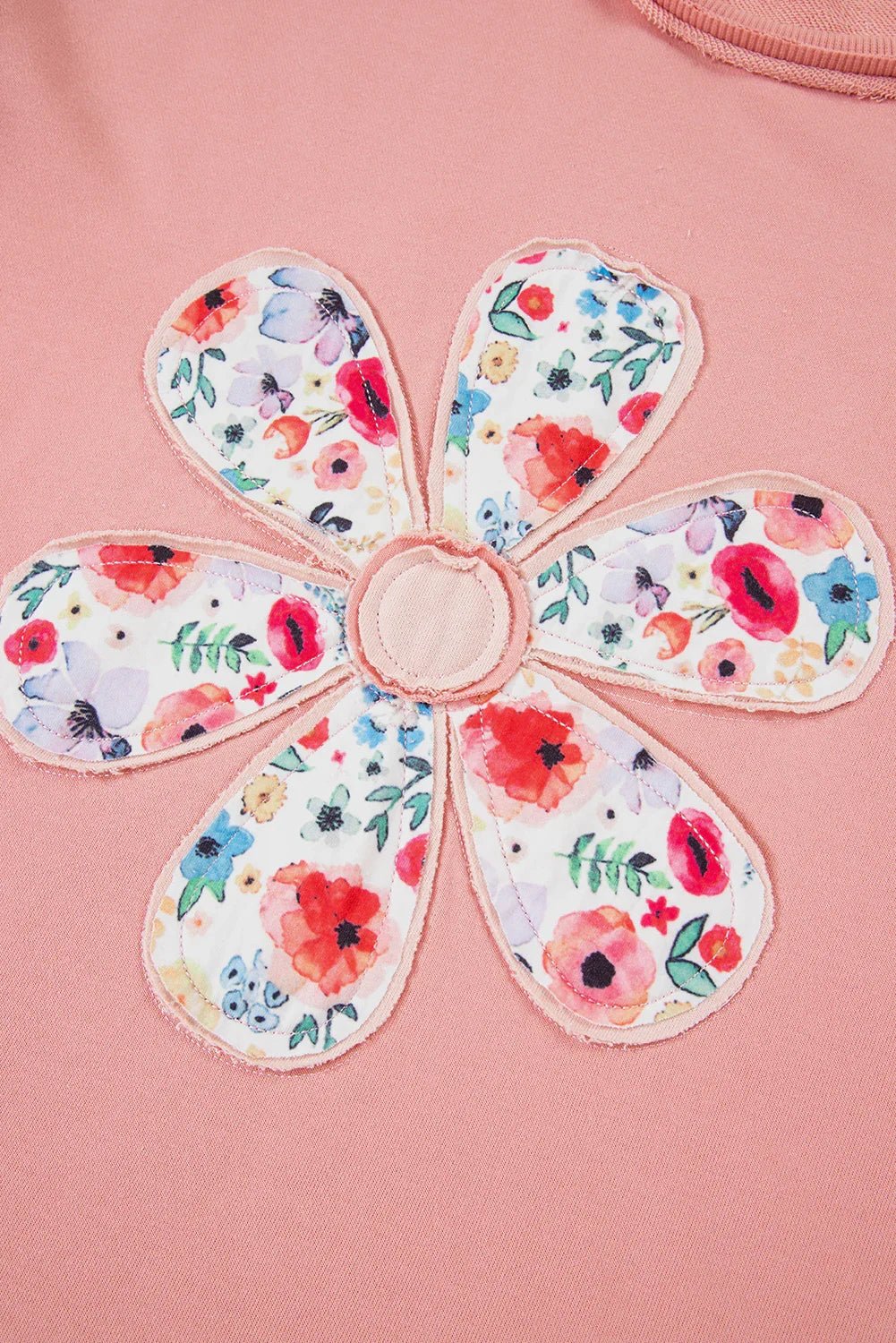 Peach Blossom Flower Applique Patchwork Drop Sleeve Pullover Sweatshirt - minbolu -