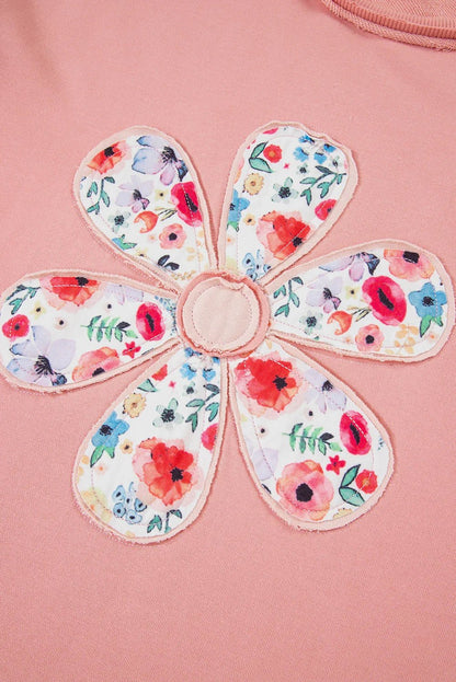 Peach Blossom Flower Applique Patchwork Drop Sleeve Pullover Sweatshirt - minbolu -
