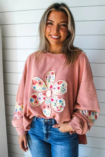Peach Blossom Flower Applique Patchwork Drop Sleeve Pullover Sweatshirt - minbolu -