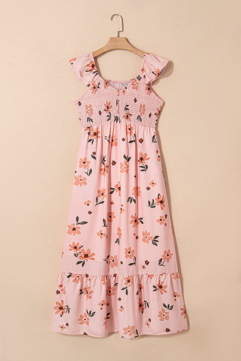 Pink Floral Maxi Dress - V Neck Smocked Boho Dress with Ruffle Hem - Maxi Dresses - minbolu