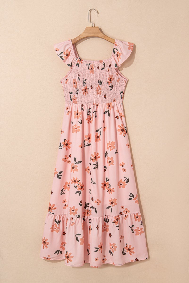 Pink Floral Maxi Dress - V Neck Smocked Boho Dress with Ruffle Hem - Maxi Dresses - minbolu