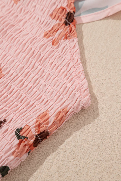 Pink Floral Maxi Dress - V Neck Smocked Boho Dress with Ruffle Hem - Maxi Dresses - minbolu