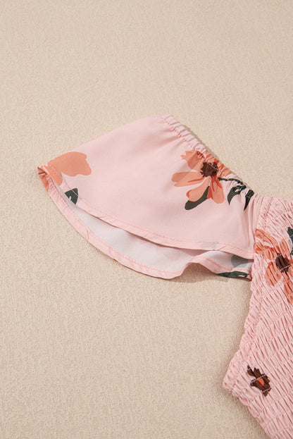 Pink Floral Maxi Dress - V Neck Smocked Boho Dress with Ruffle Hem - Maxi Dresses - minbolu