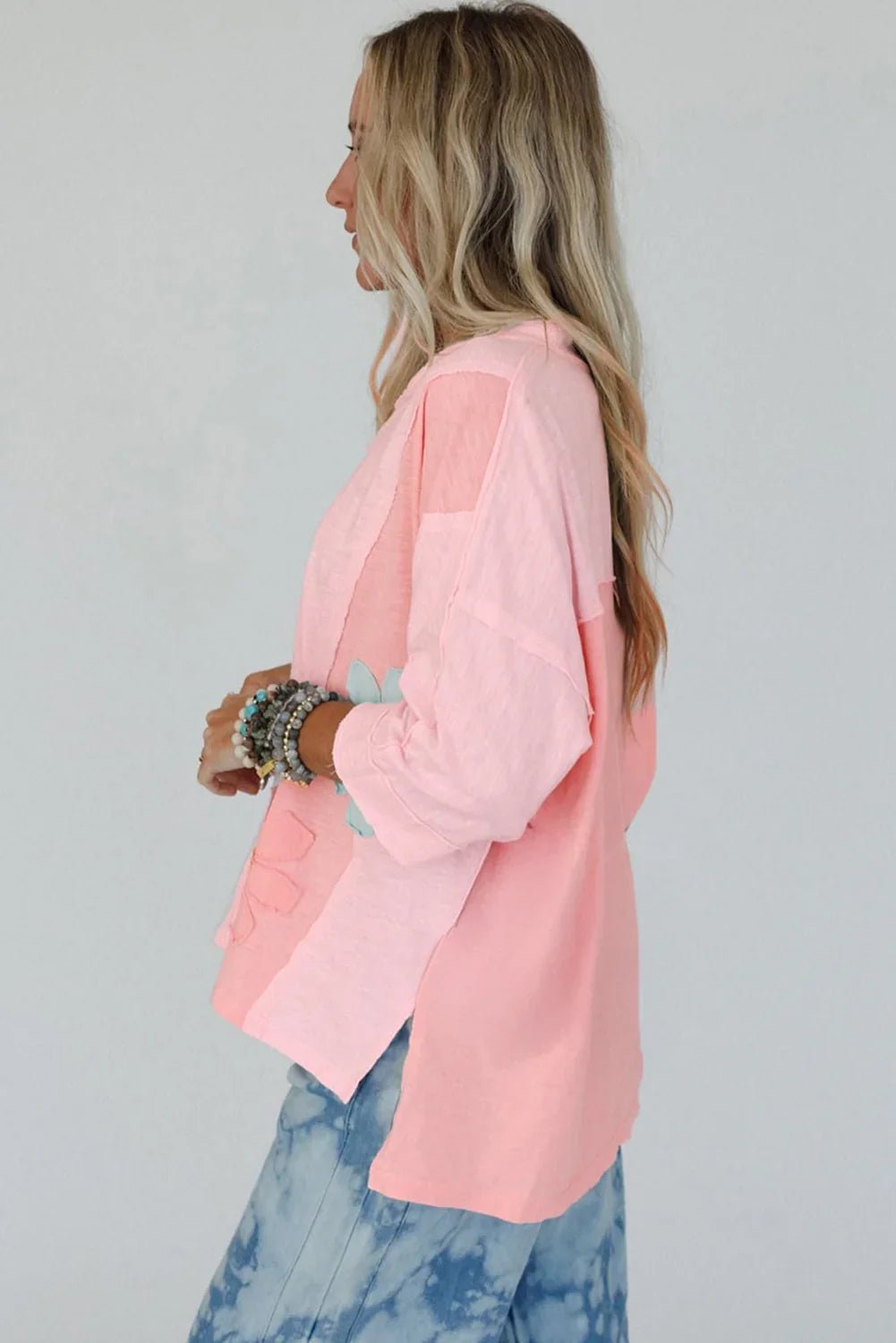 Pink Flower Patched Exposed Seam Top – Feminine and Modern - minbolu