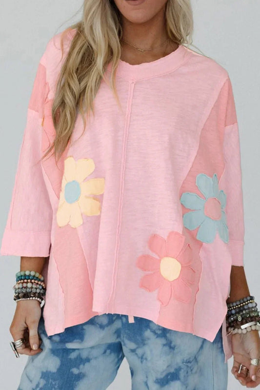 Pink Flower Patched Exposed Seam Top – Feminine and Modern - minbolu