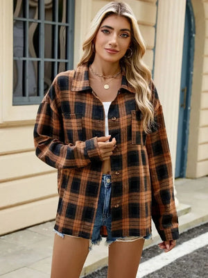 Plaid Collared Neck Long Sleeve Shirt: Brown - minbolu -