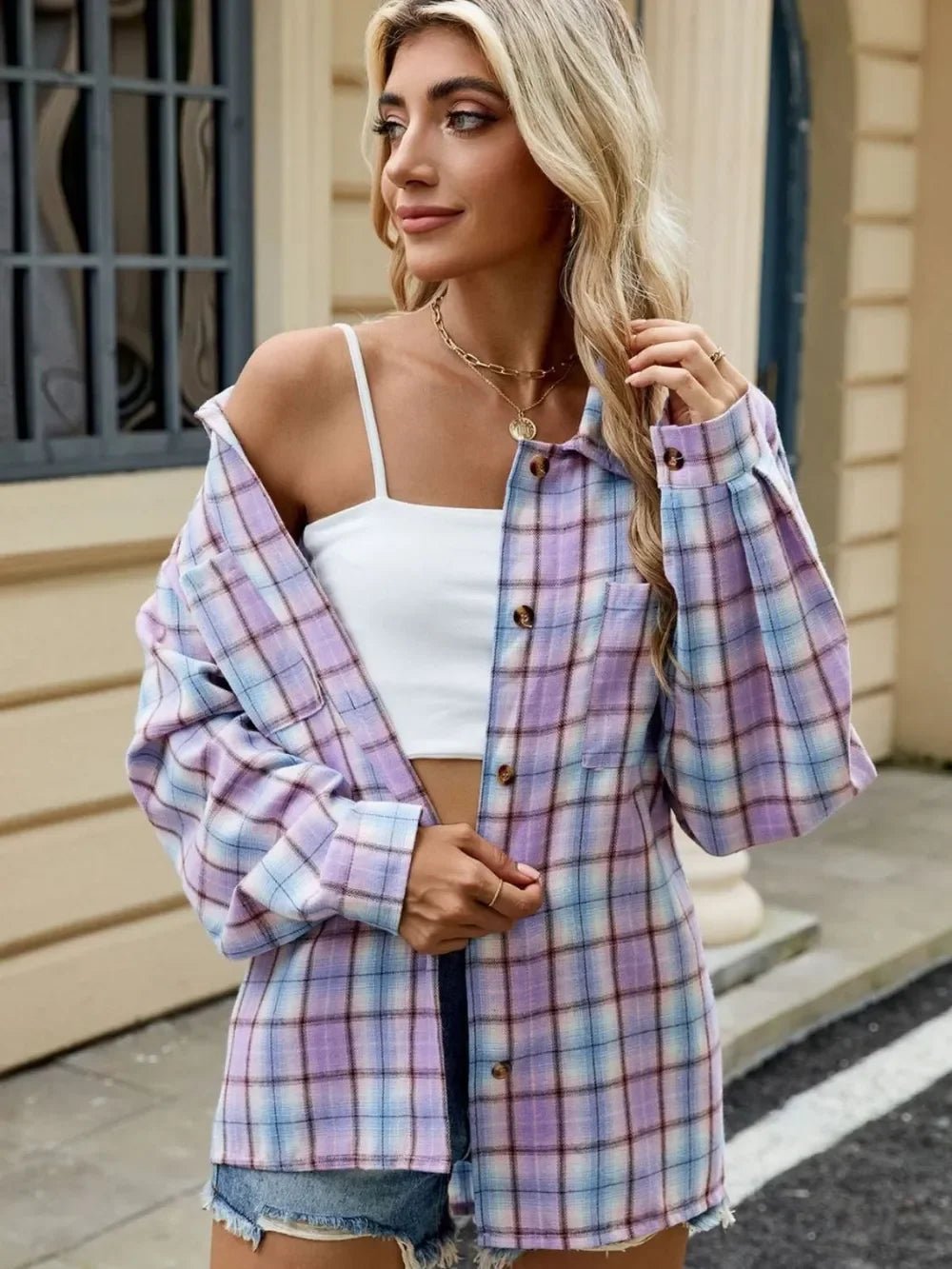 Plaid Collared Neck Long Sleeve Shirt: Lavender - minbolu