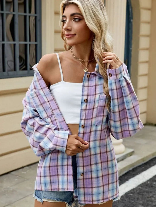 Plaid Collared Neck Long Sleeve Shirt: Lavender - minbolu