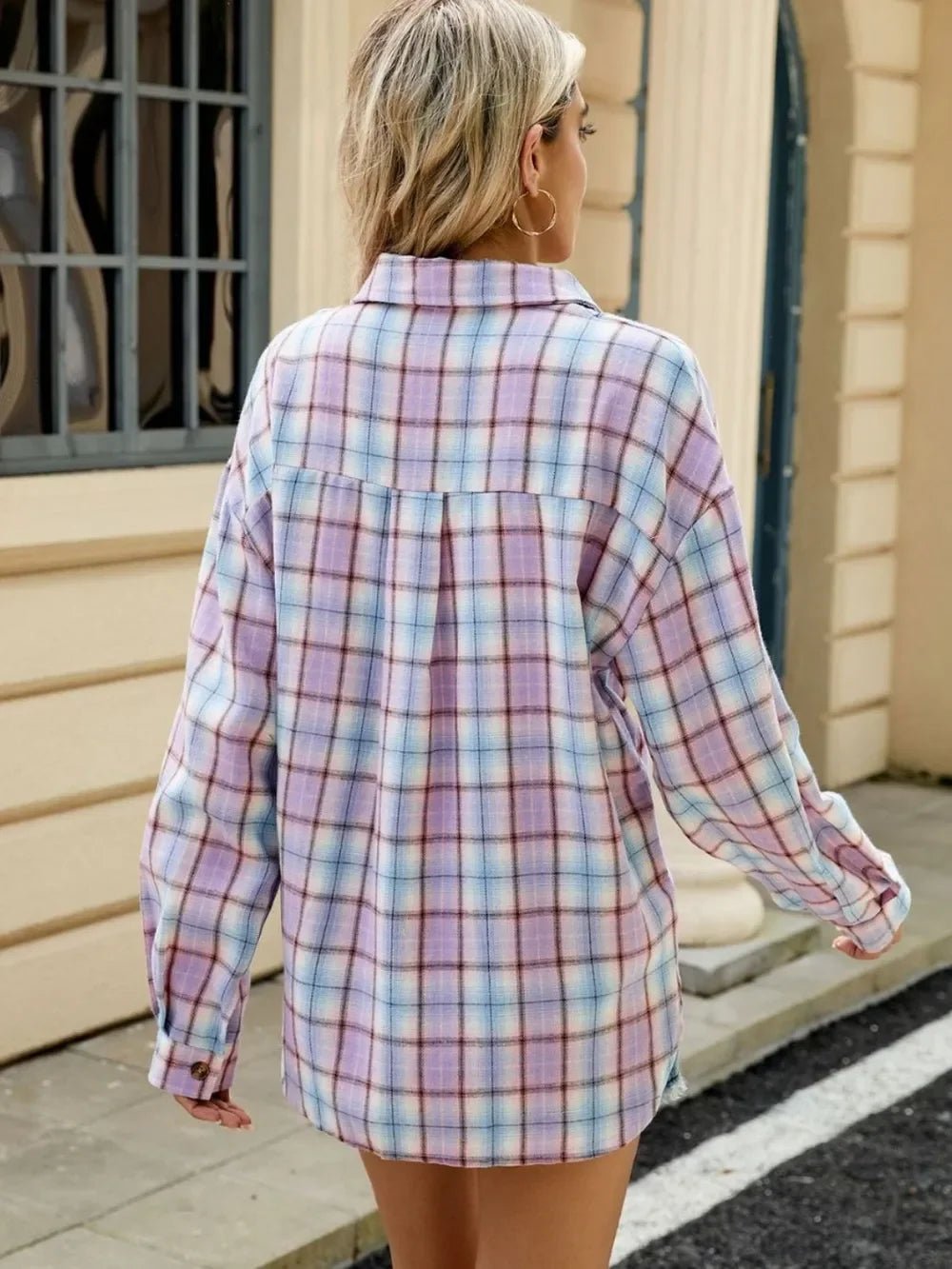 Plaid Collared Neck Long Sleeve Shirt: Lavender - minbolu
