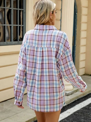 Plaid Collared Neck Long Sleeve Shirt: Lavender - minbolu -
