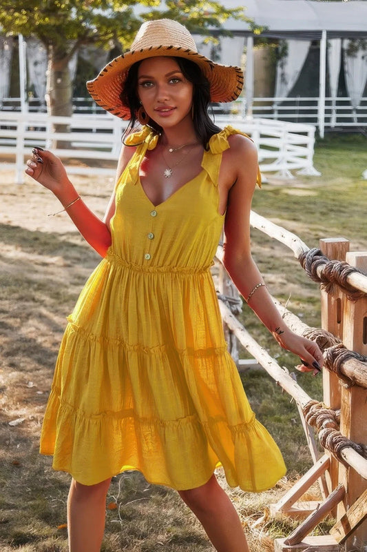 Pleated Knee - Length Dress - Sleeveless Button Ruffle Swing Style - minbolu