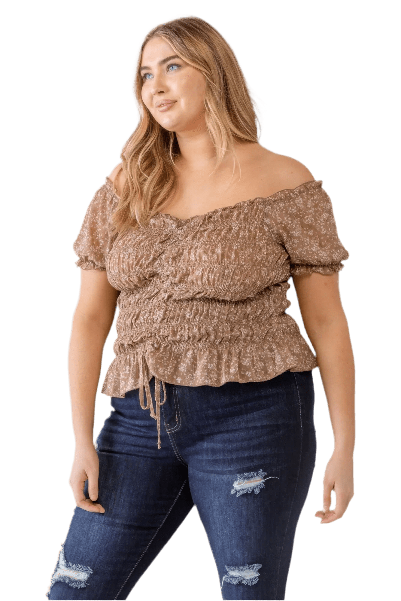 Plus Floral Chiffon Ruched Off-Shoulder Top - Mocha - minbolu -