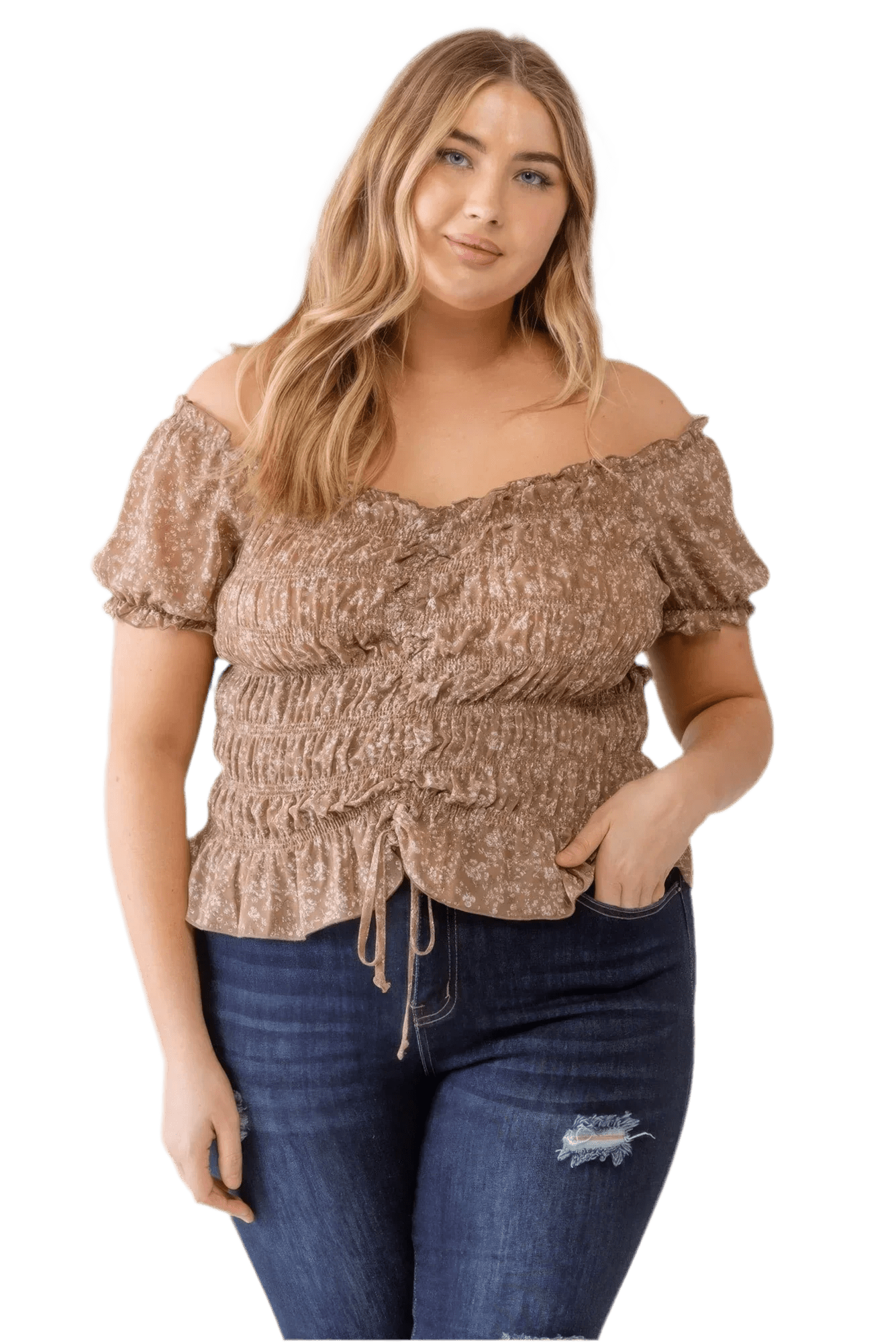 Plus Floral Chiffon Ruched Off-Shoulder Top - Mocha - minbolu -