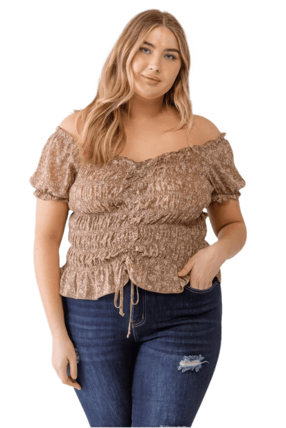 Plus Floral Chiffon Ruched Off-Shoulder Top - Mocha - minbolu -