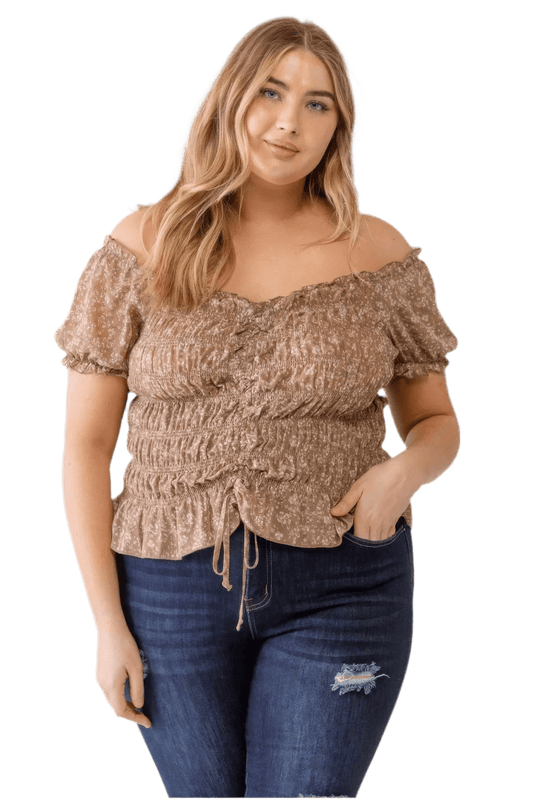 Plus Floral Chiffon Ruched Off-Shoulder Top - Mocha - minbolu -