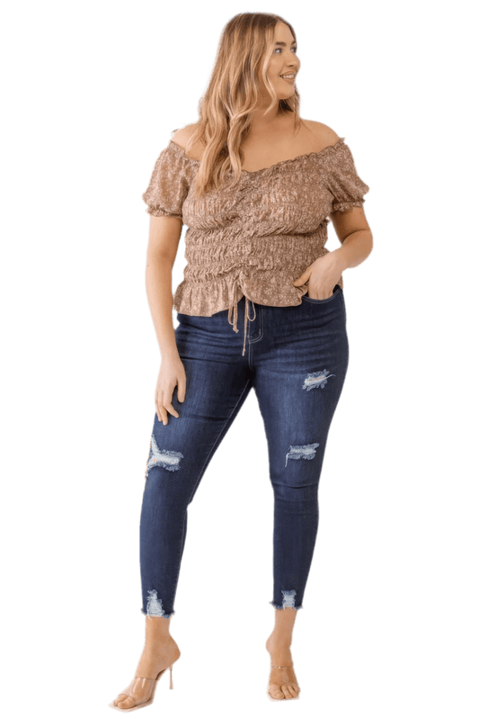 Plus Floral Chiffon Ruched Off-Shoulder Top - Mocha - minbolu -