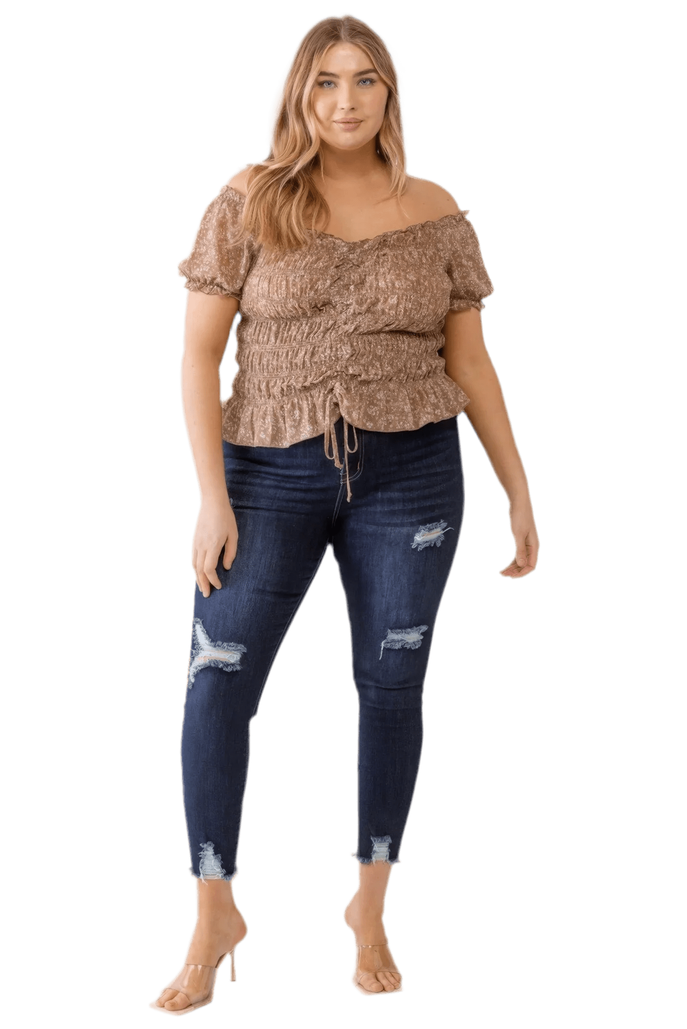 Plus Floral Chiffon Ruched Off-Shoulder Top - Mocha - minbolu -