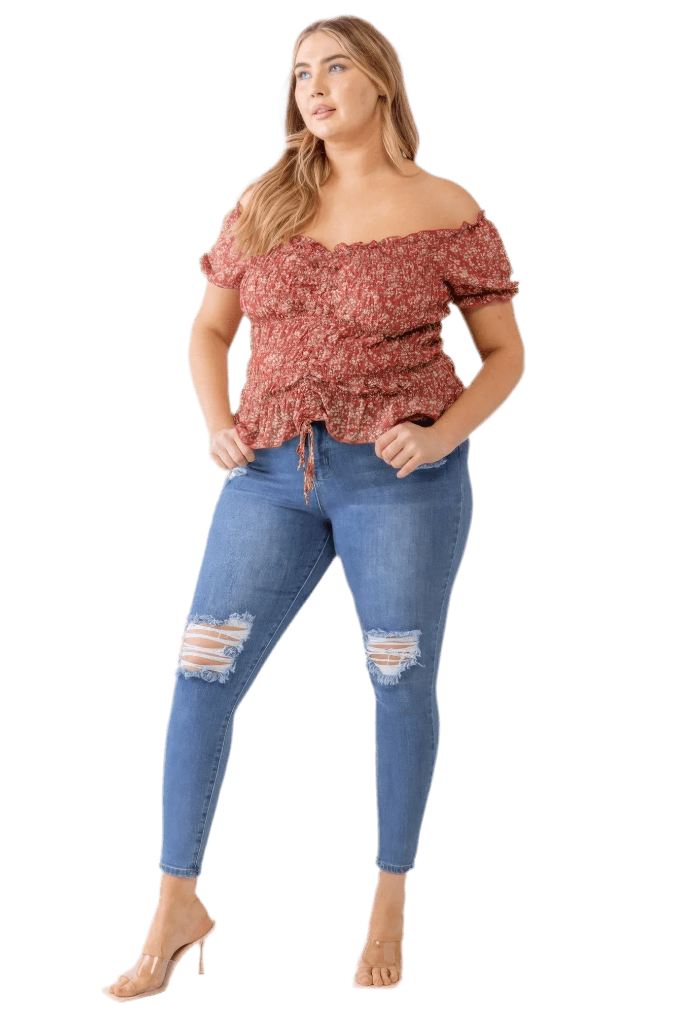 Plus Floral Chiffon Ruched Off-Shoulder Top - Red - minbolu -