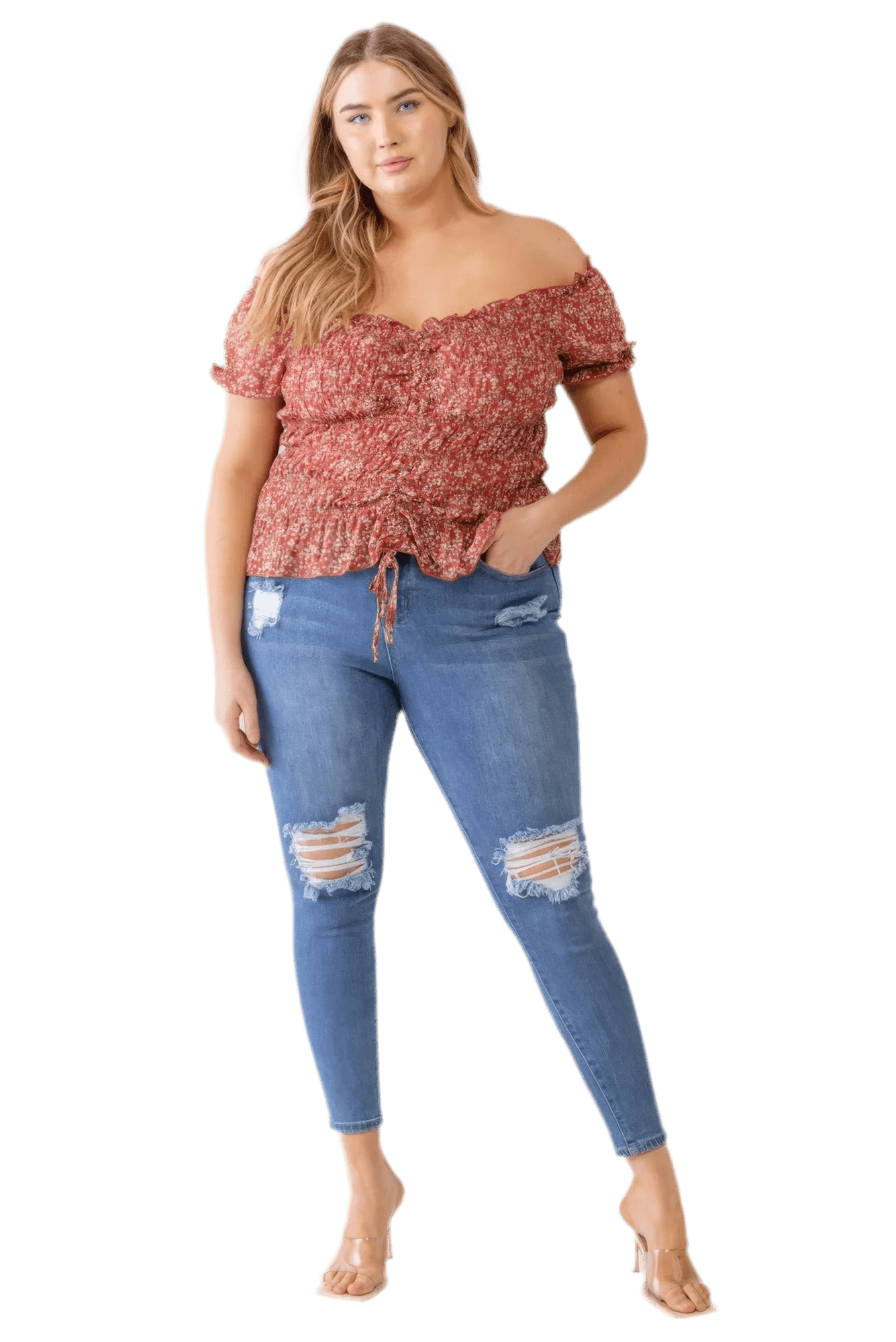 Plus Floral Chiffon Ruched Off-Shoulder Top - Red - minbolu -