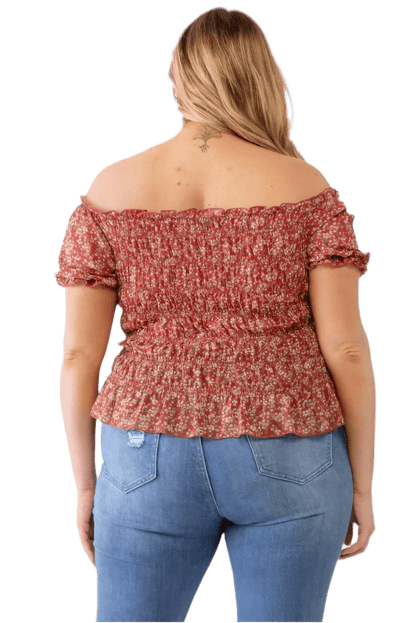 Plus Floral Chiffon Ruched Off-Shoulder Top - Red - minbolu -