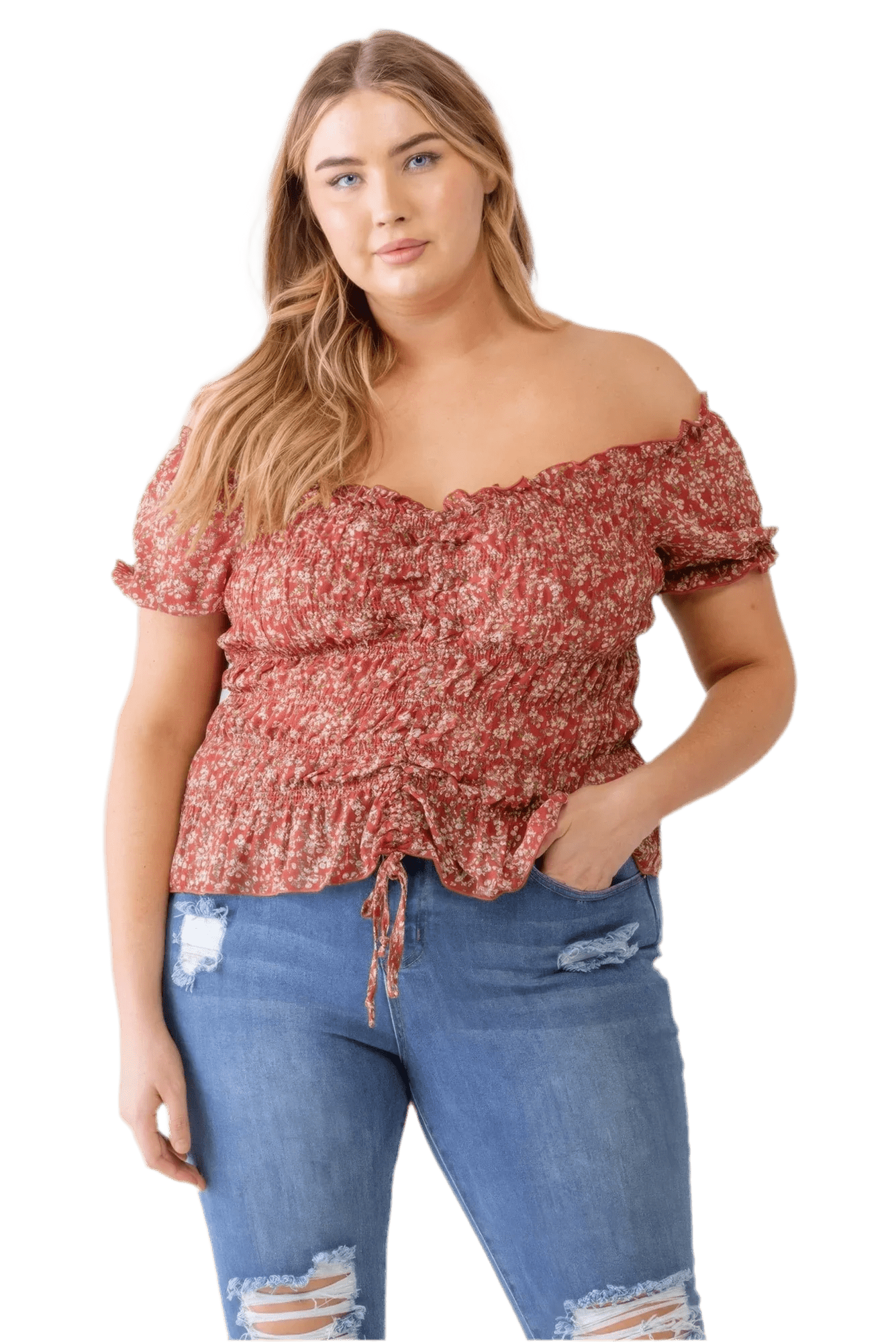 Plus Floral Chiffon Ruched Off-Shoulder Top - Red - minbolu -