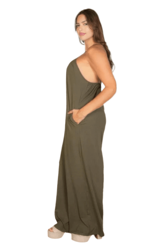 Plus Olive Wide Leg Jumpsuit - Relaxed Fit - minbolu -