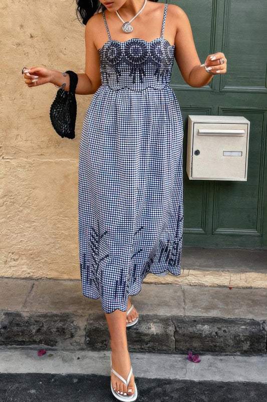 Plus Size Plaid Backless Hollow Out Strap Dress - minbolu