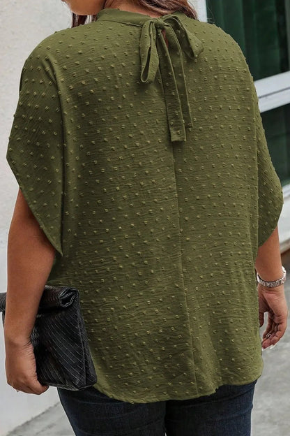 Plus Size Swiss Dot Tied Mock Neck Blouse - minbolu