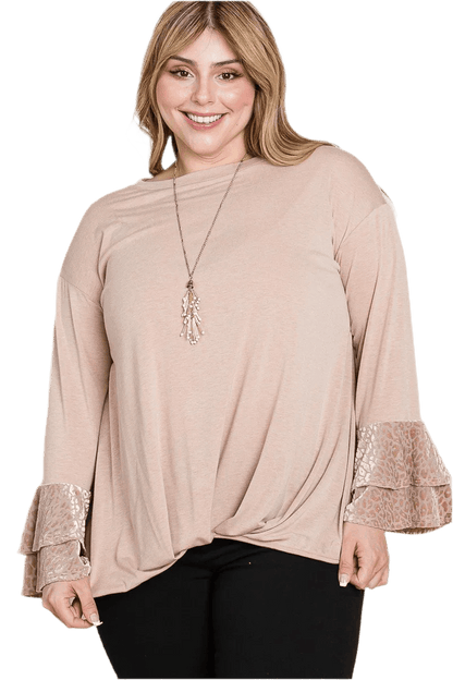 Plus Size Two Tier Velvet Animal Mesh Sleeves Top - minbolu