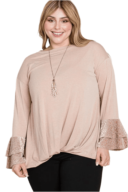 Plus Size Two Tier Velvet Animal Mesh Sleeves Top - minbolu