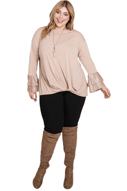 Plus Size Two Tier Velvet Animal Mesh Sleeves Top - minbolu