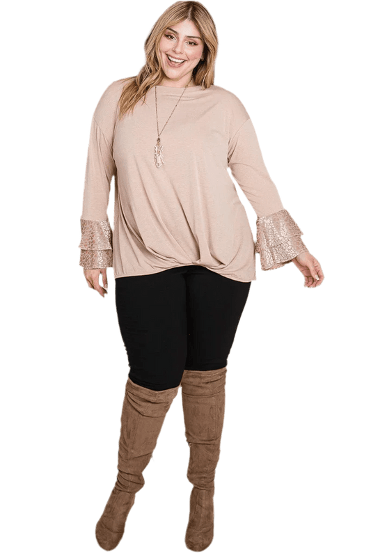 Plus Size Two Tier Velvet Animal Mesh Sleeves Top - minbolu