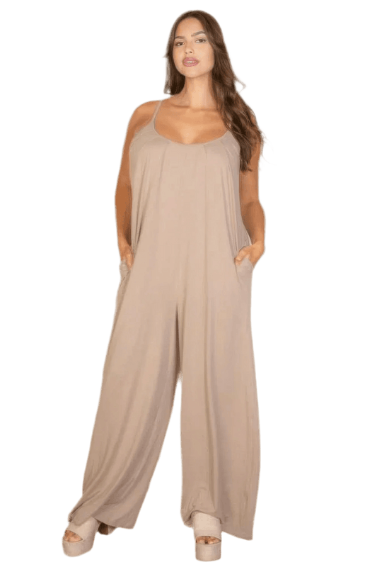 Plus Spaghetti Strap Solid Wide Jumpsuit - minbolu