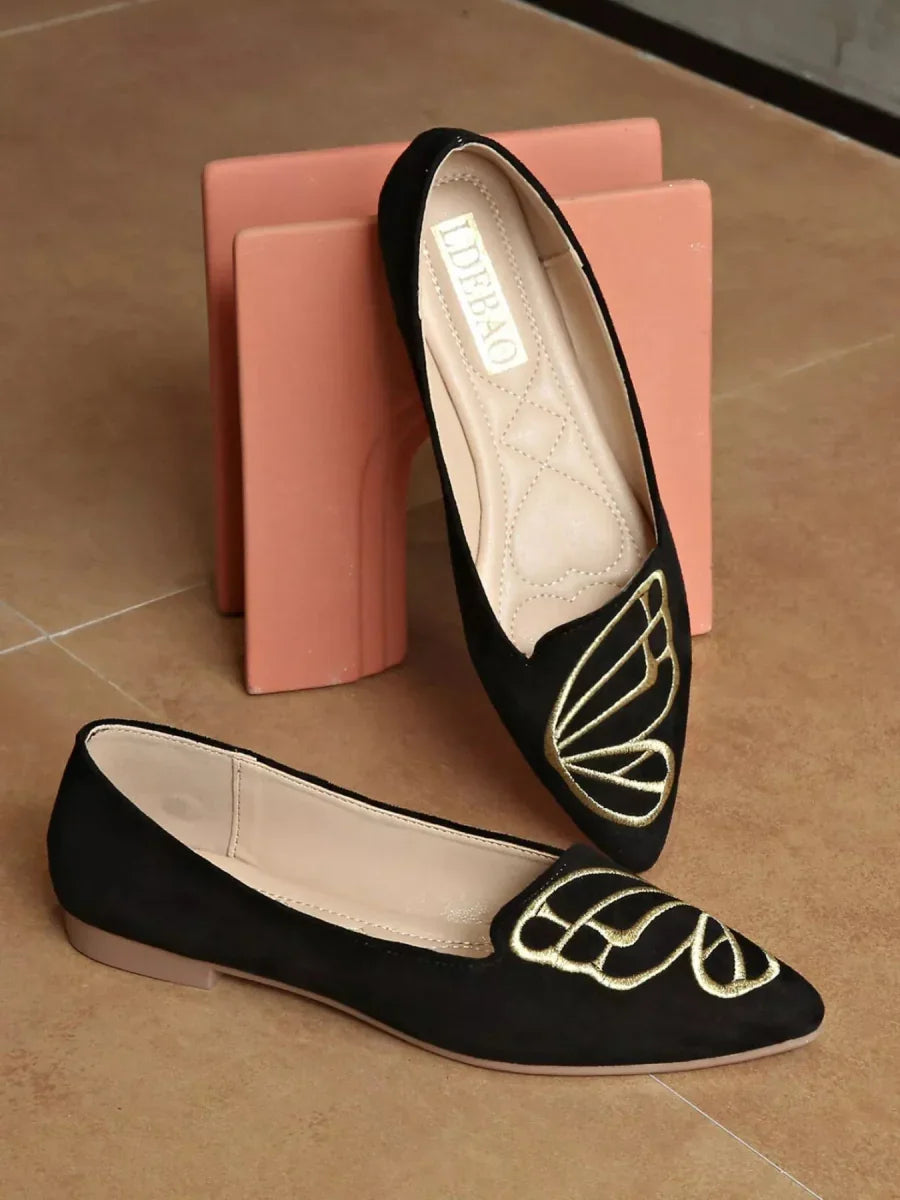 Butterfly Embroidered Point Toe Slip On Flats - Bohemian Black - minbolu -