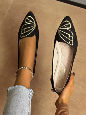 Butterfly Embroidered Point Toe Slip On Flats - Bohemian Black - minbolu -