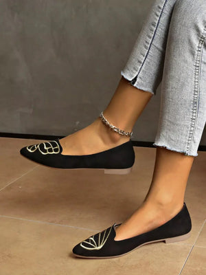 Butterfly Embroidered Point Toe Slip On Flats - Bohemian Black - minbolu -