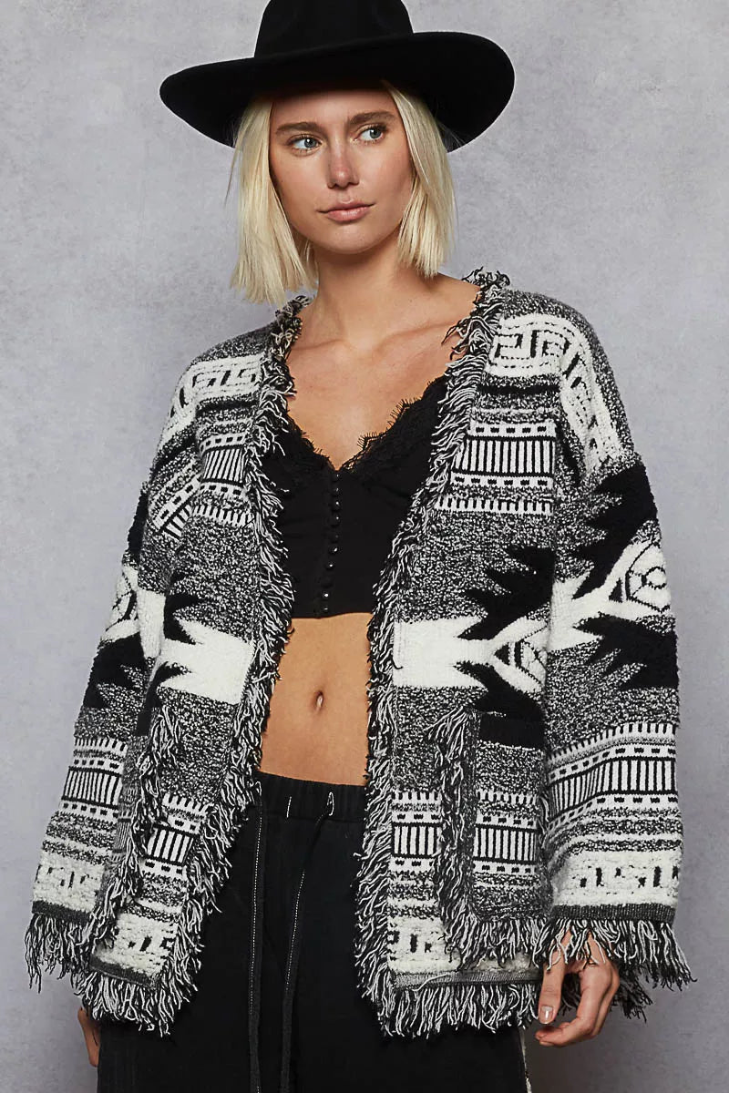 POL Boho Geometric Print Cardigan - Western Fringe Detail Open Front Cardigan for Women - minbolu -