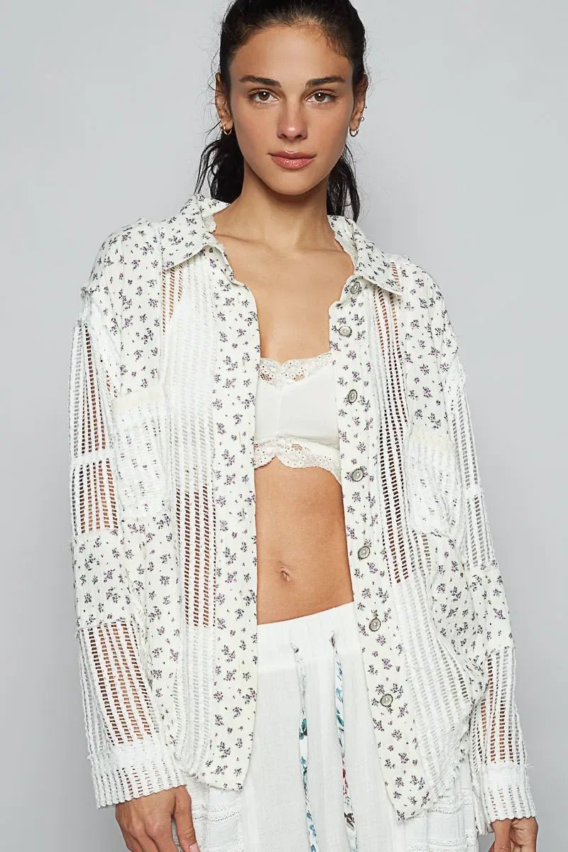 POL Floral Crochet Patchwork Long Sleeve Shirt - minbolu