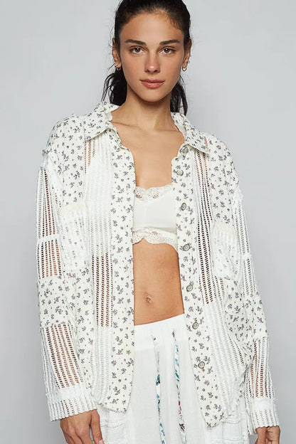 POL Floral Crochet Patchwork Long Sleeve Shirt - minbolu