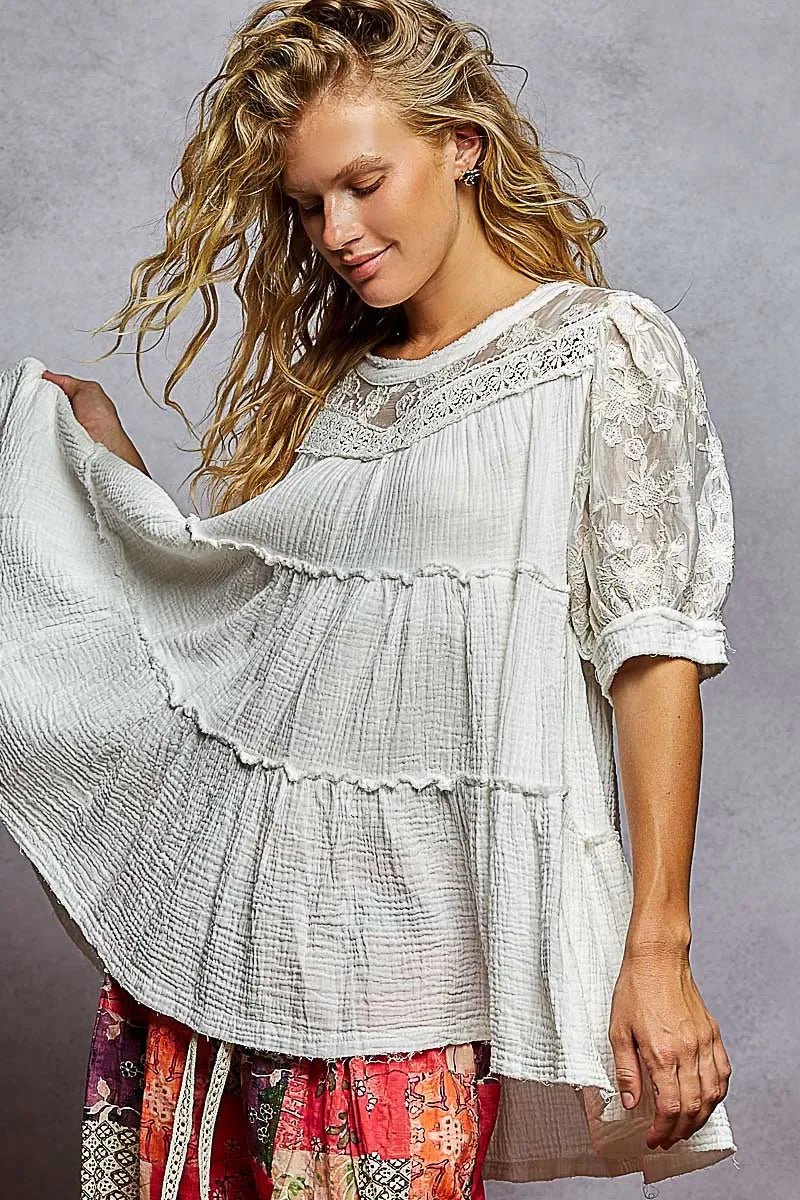 POL Lace Detail Tiered Round Neck Half Sleeve Blouse - minbolu -