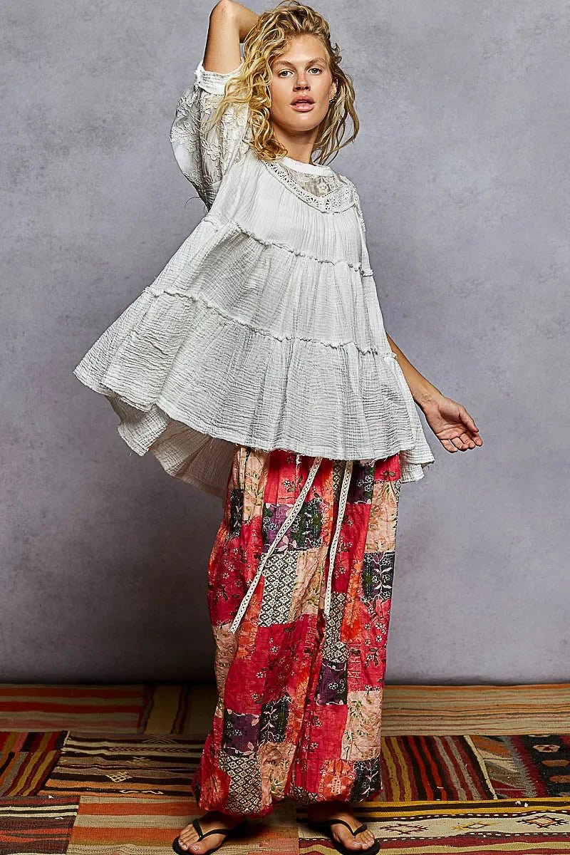 POL Lace Detail Tiered Round Neck Half Sleeve Blouse - minbolu -