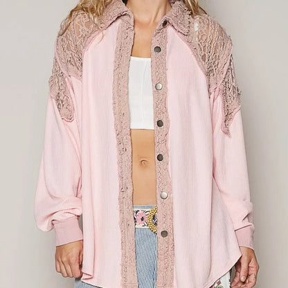 POL Lace Patchwork Button Up Shacket - minbolu