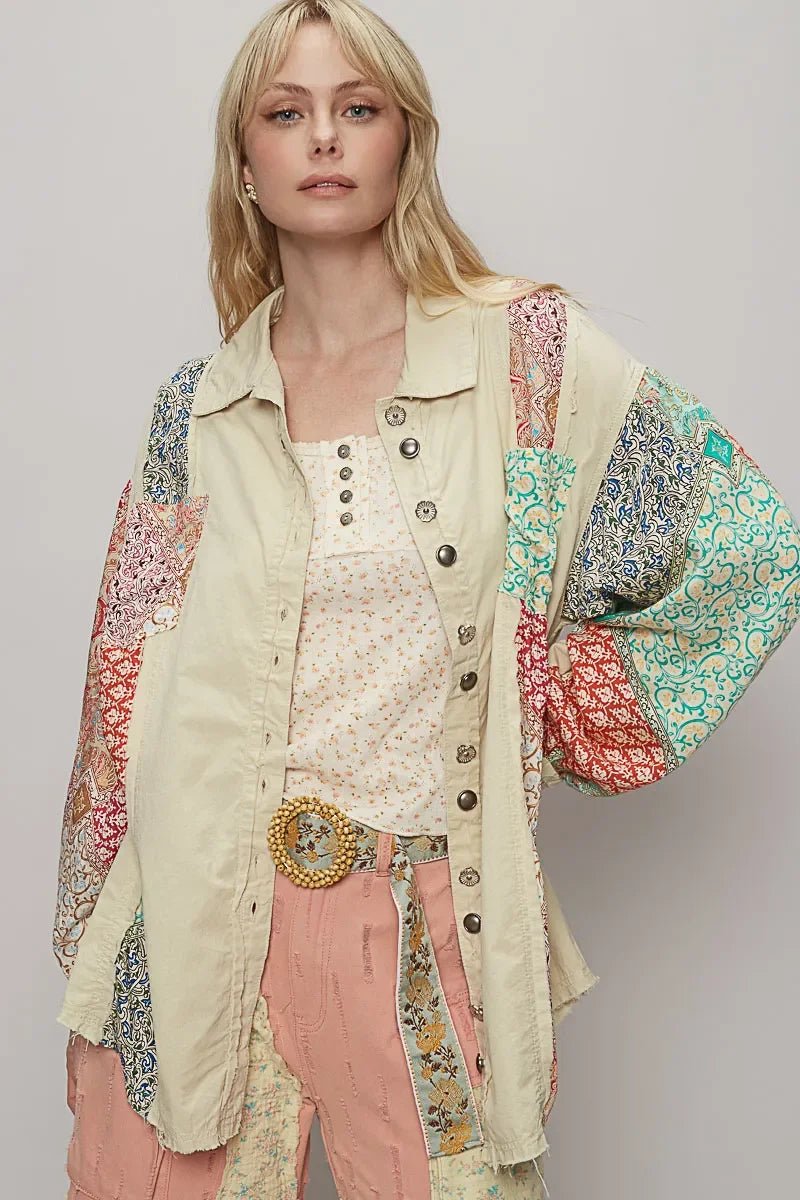 POL Printed Button Up Oversized Shirt - minbolu -