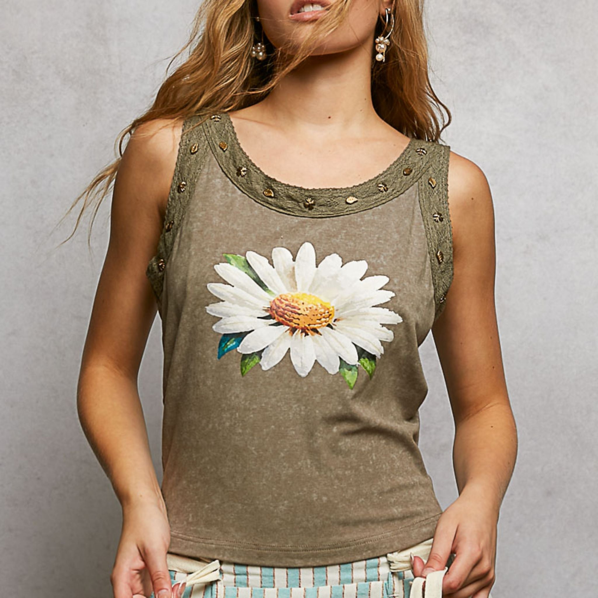 POL Washed Floral Stud Round Neck Slim Tank