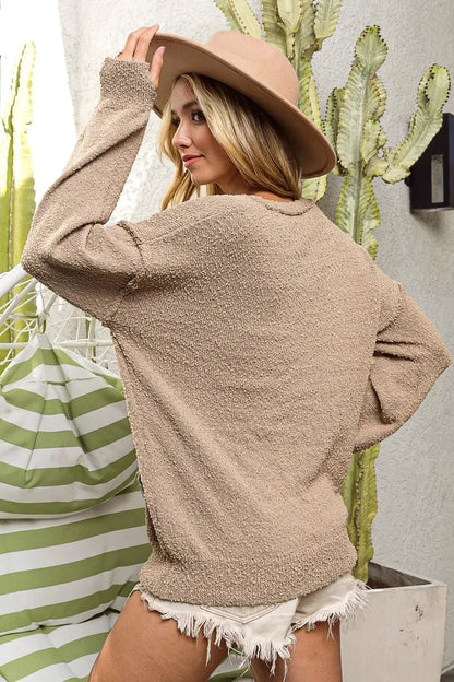 Popcorn Texture Sweater - Raw Edge V-Neck Oversized Knit Top - minbolu -