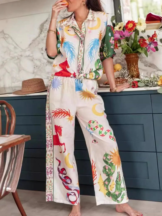 Printed Half Sleeve Shirt and Pants Set - minbolu -
