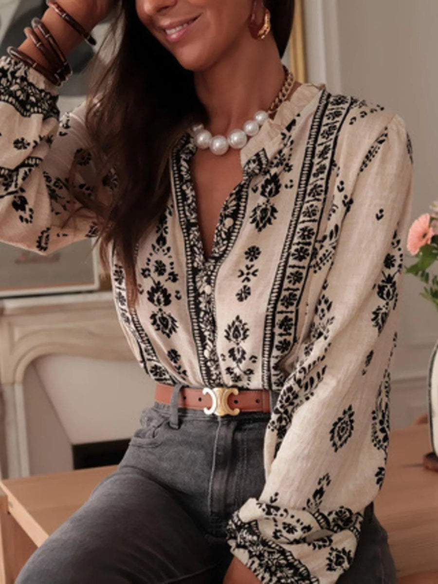Printed Long Sleeve Blouse - minbolu -