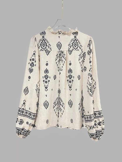 Printed Long Sleeve Blouse - minbolu -