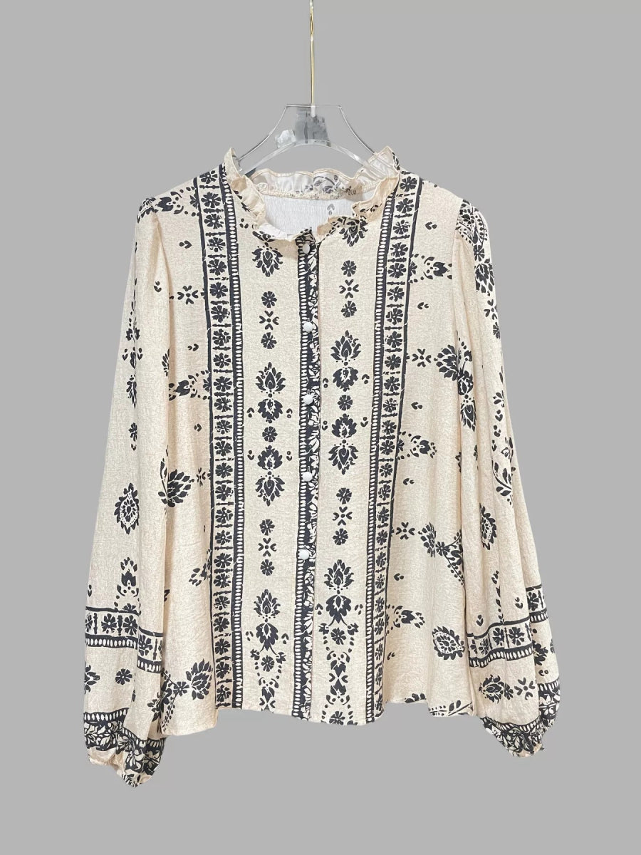 Printed Long Sleeve Blouse - minbolu -